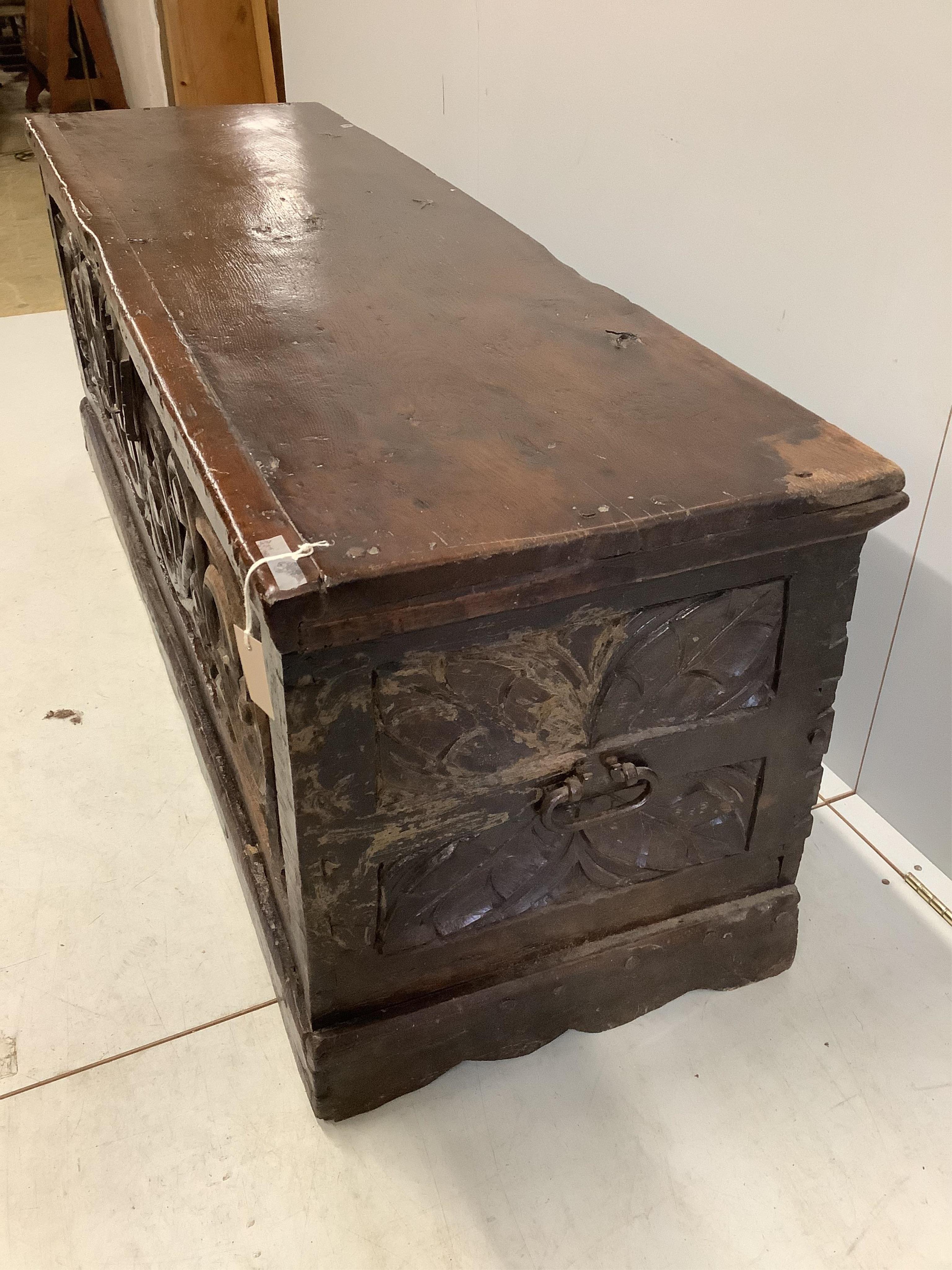 An 18th century Spanish oak coffer, width 172cm, depth 54cm, height 65cm. Condition - poor to fair